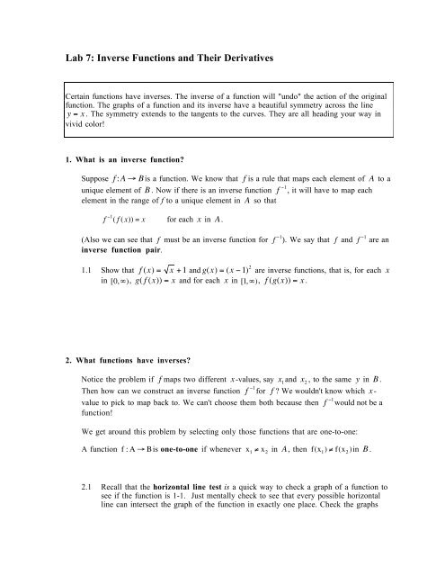 22 inverse functions derivatives | study notes... Lab 7: Inverse Functions and Their Derivatives