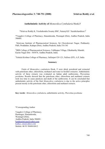 Anthelmintic Activity of Momordica cymbalaria Hook.F