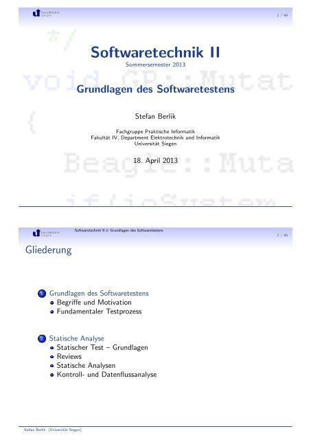 Grundlagen des Softwaretestens - Praktische Informatik - Universität ...