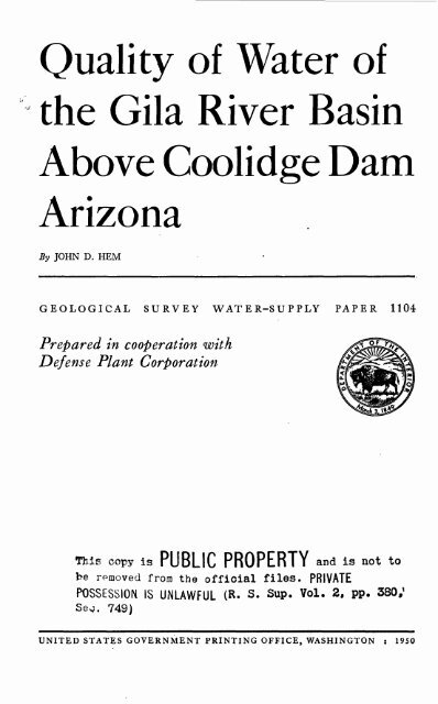 Quality Of Water Of The Gila River Basin Above Coolidge Dam Arizona