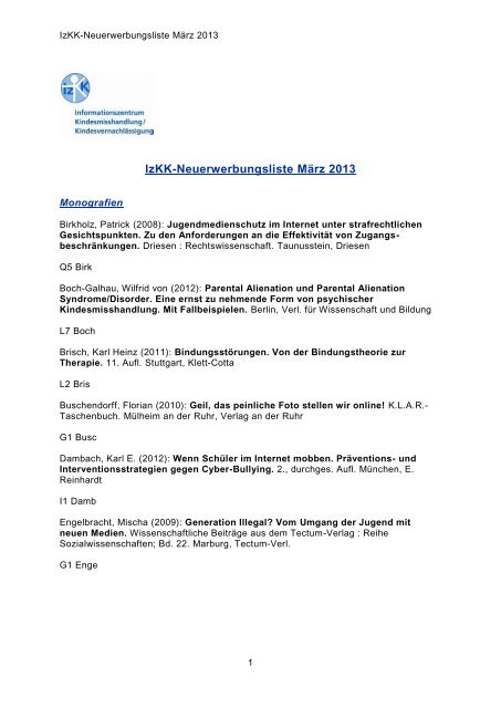 IzKK-Neuerwerbungsliste März 2013 - Deutsches Jugendinstitut e.V.