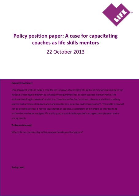 Policy position paper: A case for capacitating coaches as life skills ...