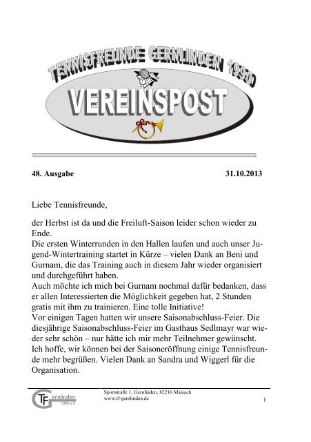 Vereinspost Oktober - Tennisfreunde TF Gernlinden