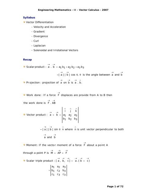 Syllabus Vector Differentiation - Velocity and Acceleration - Gradient ...