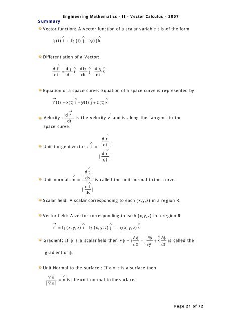 Syllabus Vector Differentiation - Velocity and Acceleration - Gradient ...