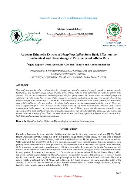 Aqueous ethanolic extract of mangifera indica stem bark effect on | my