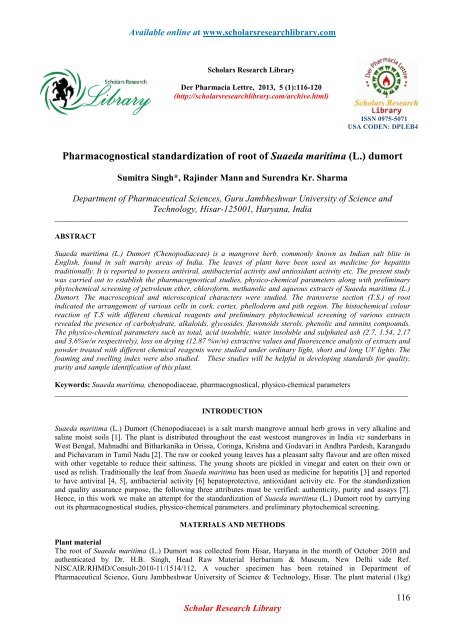 Pharmacognostical standardization of root of Suaeda maritima (L ...