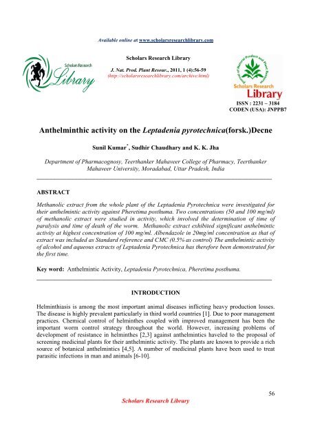 Anthelminthic activity on the Leptadenia pyrotechnica(forsk.)Decne