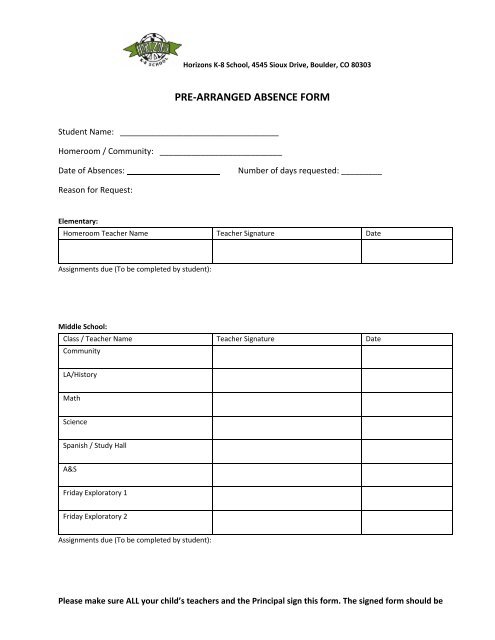 PRE-ARRANGED ABSENCE FORM - Bvsd