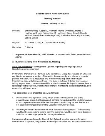 Leaside School Advisory Council Meeting Minutes Tuesday ...