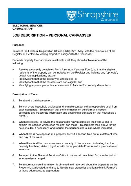 JOB DESCRIPTION – PERSONAL CANVASSER - Shropshire Council