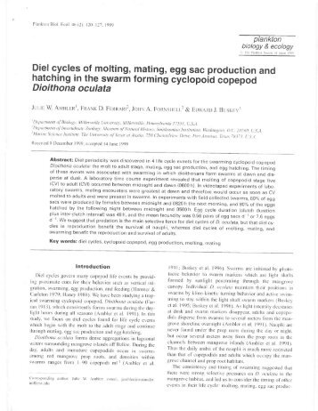 Diel cycles of molting, mating, egg sac production and hatching in ...