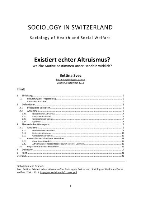 Existiert echter Altruismus? - Sociology of Switzerland