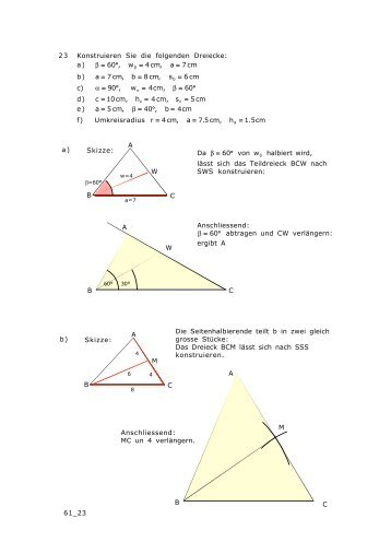 61_23 Konstruieren Sie die folgenden Dreiecke: a) = 60°, w = 4 cm ...