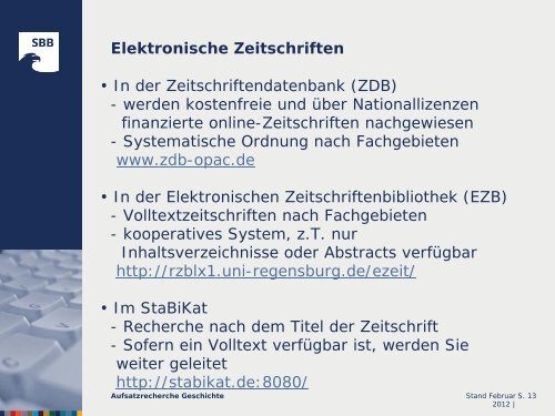 Aufsatzrecherche Geschichte - Staatsbibliothek zu Berlin