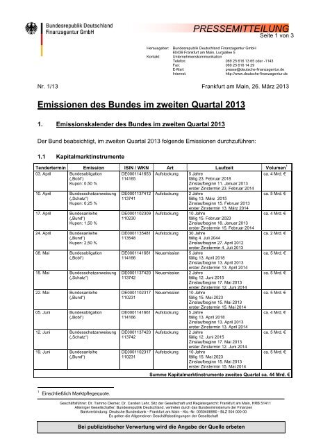 Emissionen des Bundes im zweiten Quartal 2013 - Finanzagentur ...