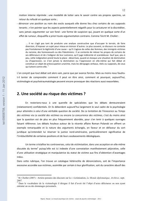 Le travail psychique de victime: essai de psycho-victimologie