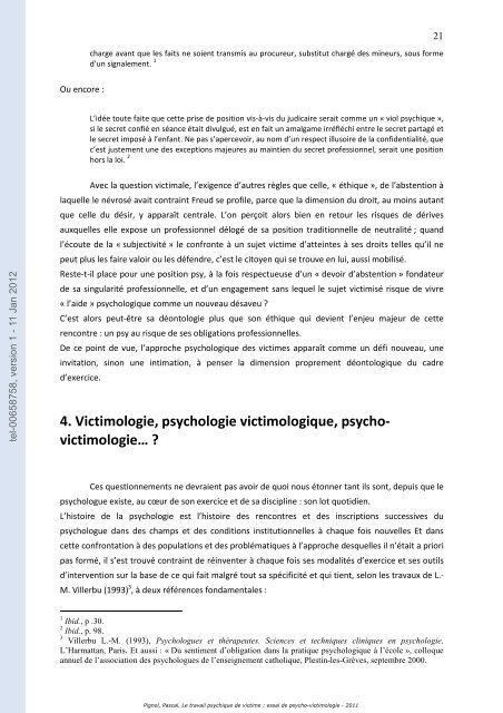 Le travail psychique de victime: essai de psycho-victimologie