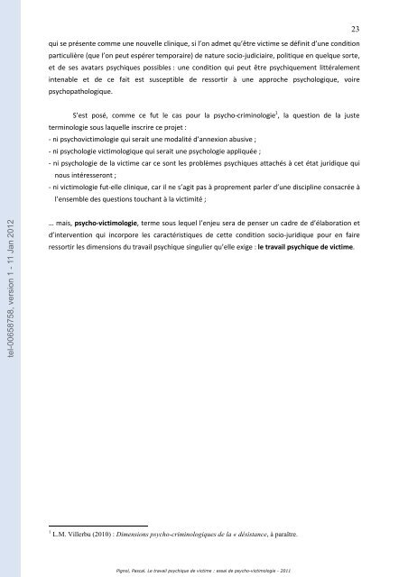 Le travail psychique de victime: essai de psycho-victimologie