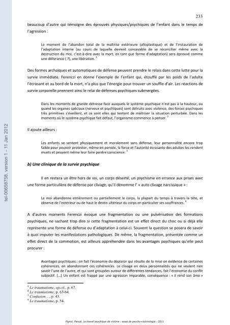 Le travail psychique de victime: essai de psycho-victimologie