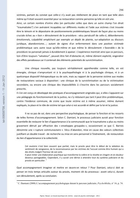 Le travail psychique de victime: essai de psycho-victimologie