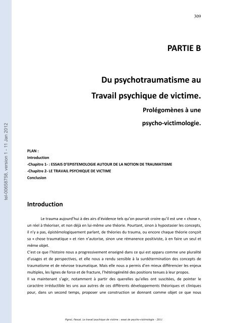 Le travail psychique de victime: essai de psycho-victimologie