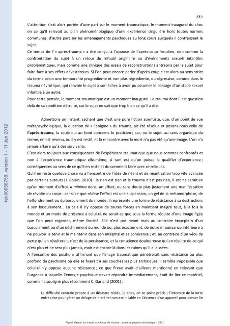 Le travail psychique de victime: essai de psycho-victimologie