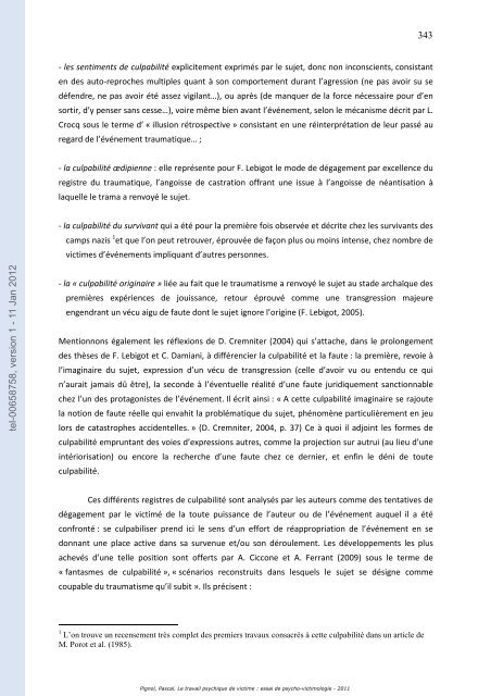 Le travail psychique de victime: essai de psycho-victimologie