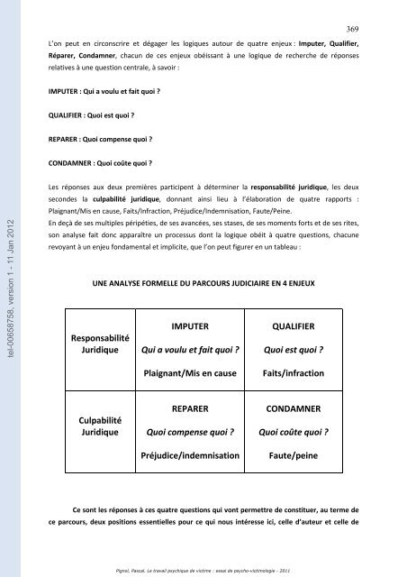 Le travail psychique de victime: essai de psycho-victimologie