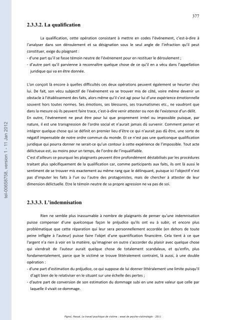 Le travail psychique de victime: essai de psycho-victimologie