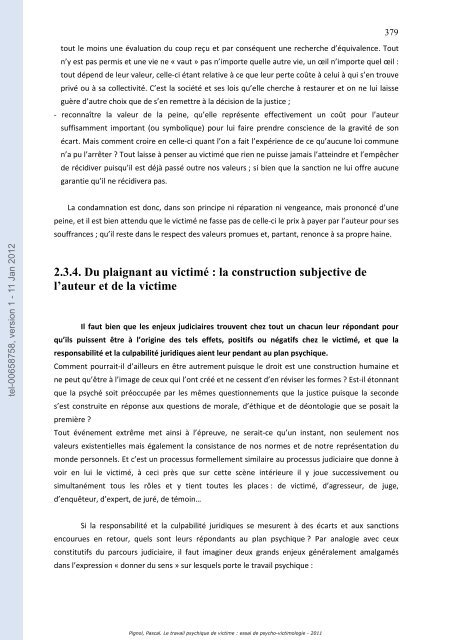 Le travail psychique de victime: essai de psycho-victimologie