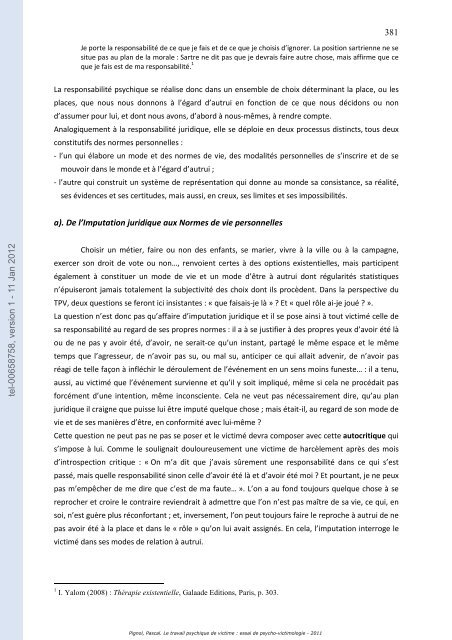 Le travail psychique de victime: essai de psycho-victimologie