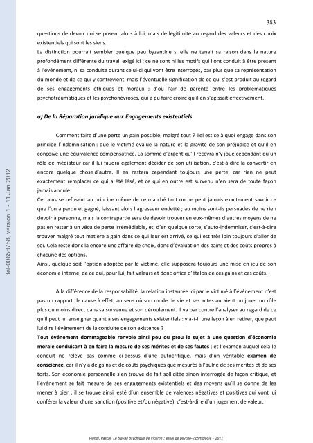 Le travail psychique de victime: essai de psycho-victimologie