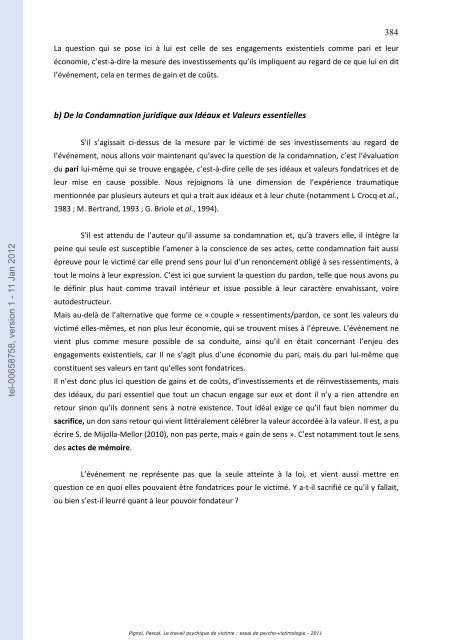 Le travail psychique de victime: essai de psycho-victimologie