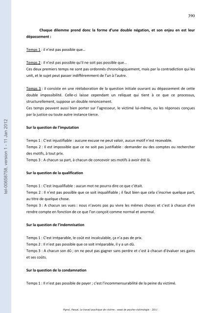 Le travail psychique de victime: essai de psycho-victimologie