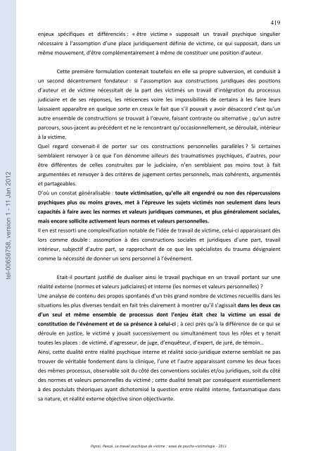 Le travail psychique de victime: essai de psycho-victimologie