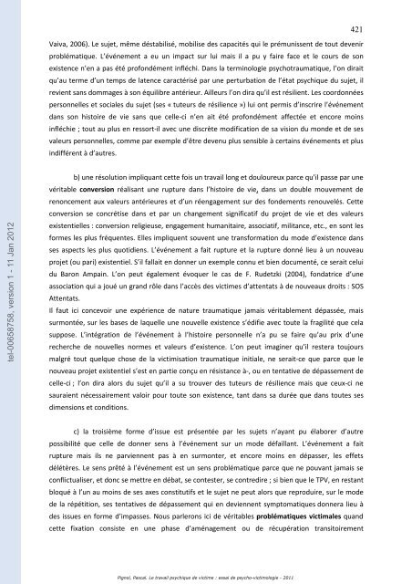 Le travail psychique de victime: essai de psycho-victimologie