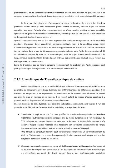 Le travail psychique de victime: essai de psycho-victimologie