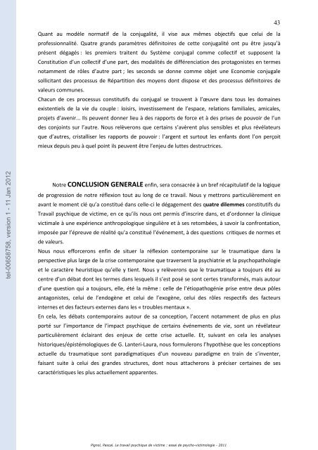 Le travail psychique de victime: essai de psycho-victimologie