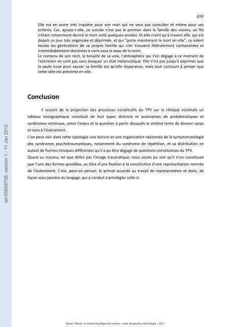 Le travail psychique de victime: essai de psycho-victimologie