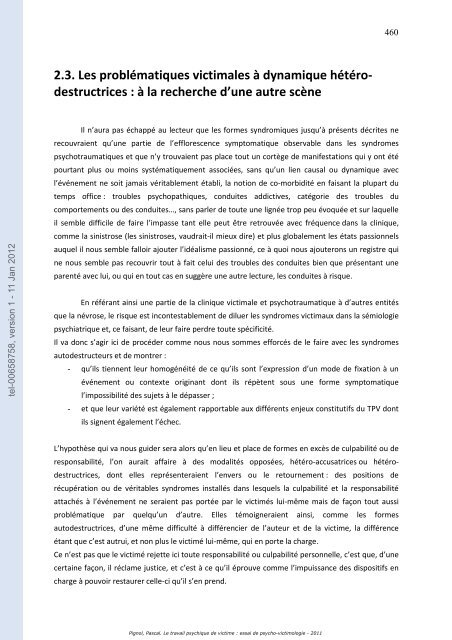 Le travail psychique de victime: essai de psycho-victimologie