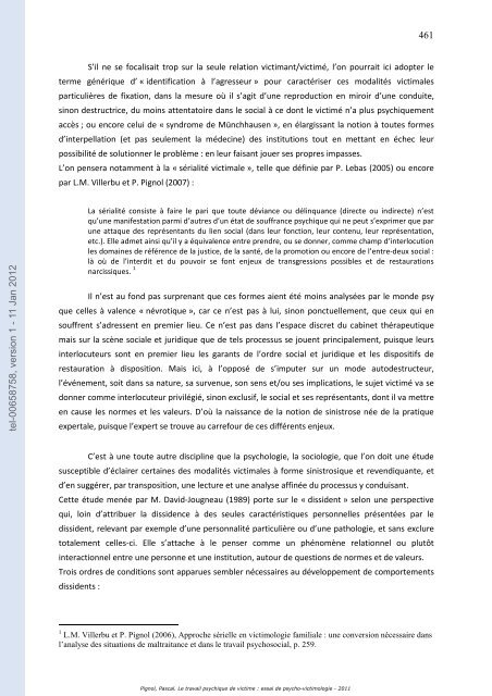 Le travail psychique de victime: essai de psycho-victimologie