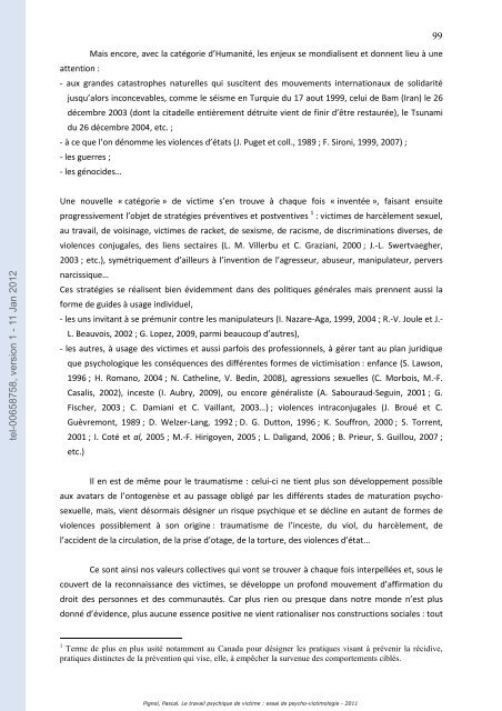 Le travail psychique de victime: essai de psycho-victimologie