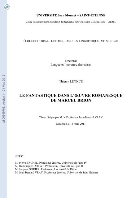 Le Fantastique Dans Loeuvre Romanesque De Marcel Brion - 