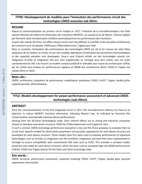 Développement de modèles pour l'évaluation des performances ...