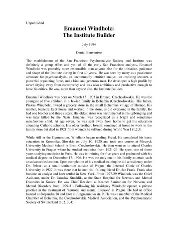 Emanuel Windholz: The Institute Builder - International Psychoanalysis