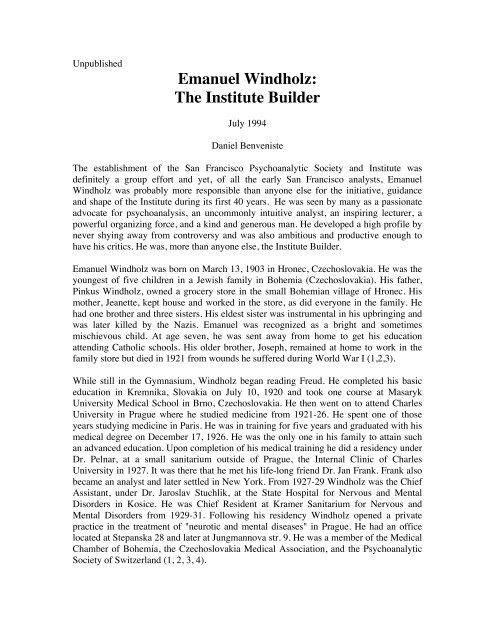 Emanuel Windholz: The Institute Builder - International Psychoanalysis