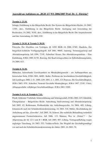 Auswahl an Aufsätzen zu „BGB AT WS 2006/2007 Prof. Dr. U. Ehricke“