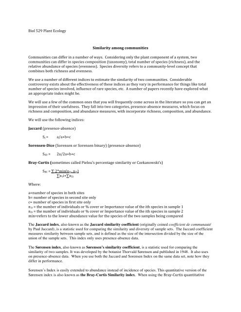 Biol 529 Plant Ecology Similarity among communities Communities ...