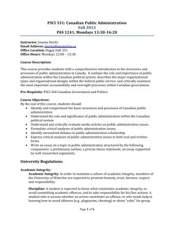 PSCI 331: Canadian Public Administration Fall 2013 PAS 1241 ...